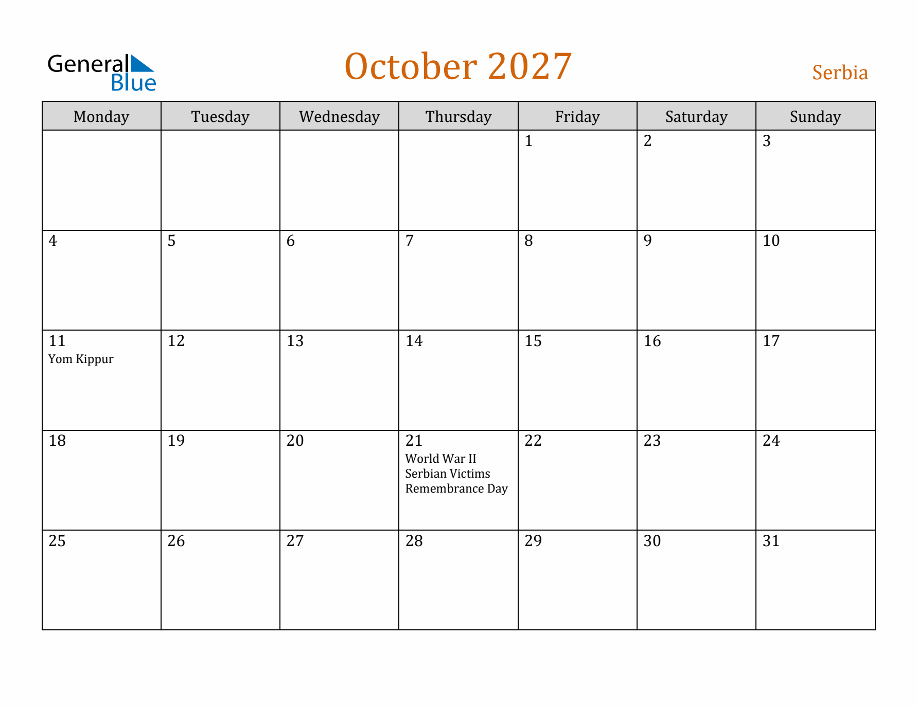 October 2027 Holiday Calendar with Monday Start