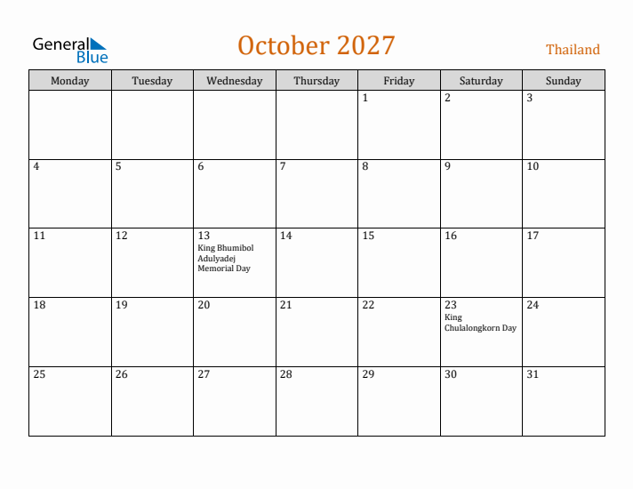 October 2027 Holiday Calendar with Monday Start