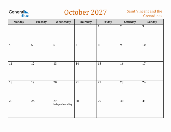 October 2027 Holiday Calendar with Monday Start