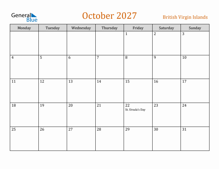 October 2027 Holiday Calendar with Monday Start