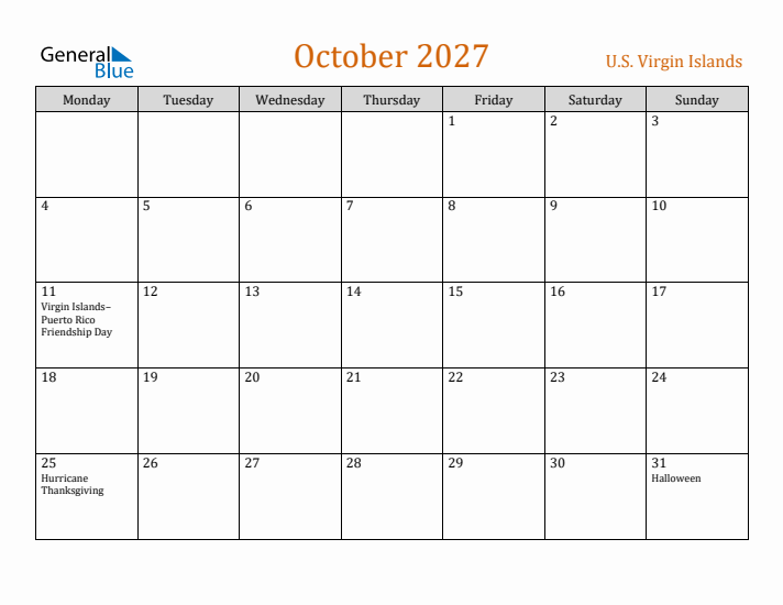 October 2027 Holiday Calendar with Monday Start