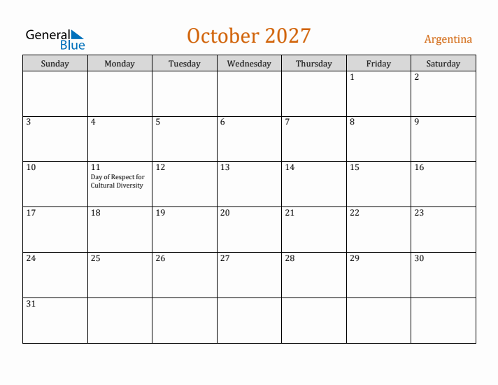 October 2027 Holiday Calendar with Sunday Start