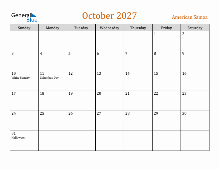 October 2027 Holiday Calendar with Sunday Start