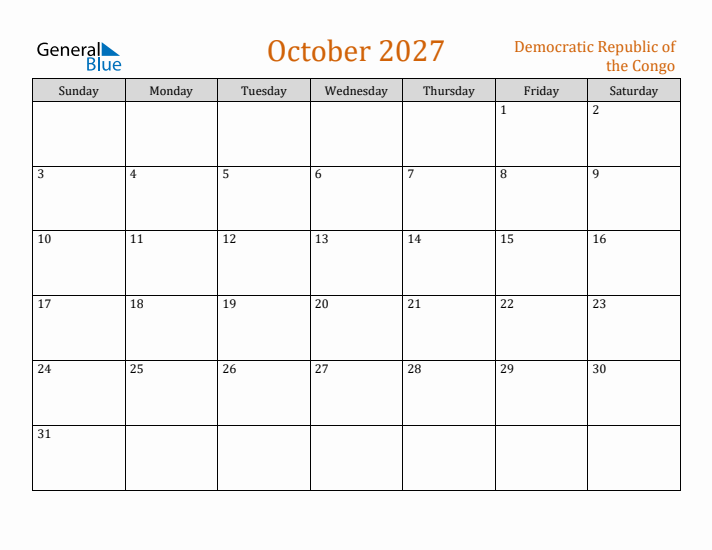 October 2027 Holiday Calendar with Sunday Start