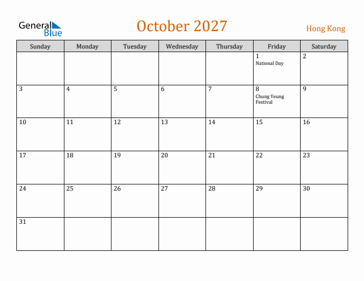 October 2027 Holiday Calendar with Sunday Start