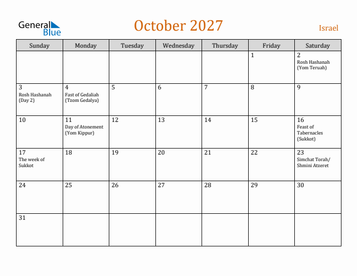 October 2027 Holiday Calendar with Sunday Start