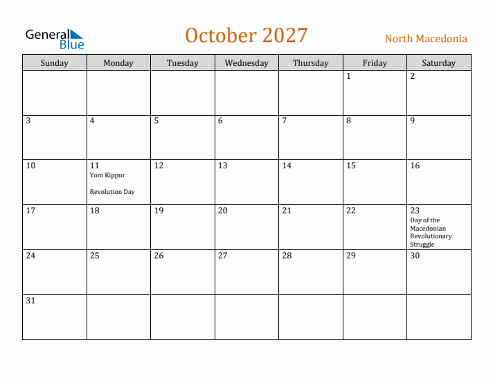 October 2027 Holiday Calendar with Sunday Start
