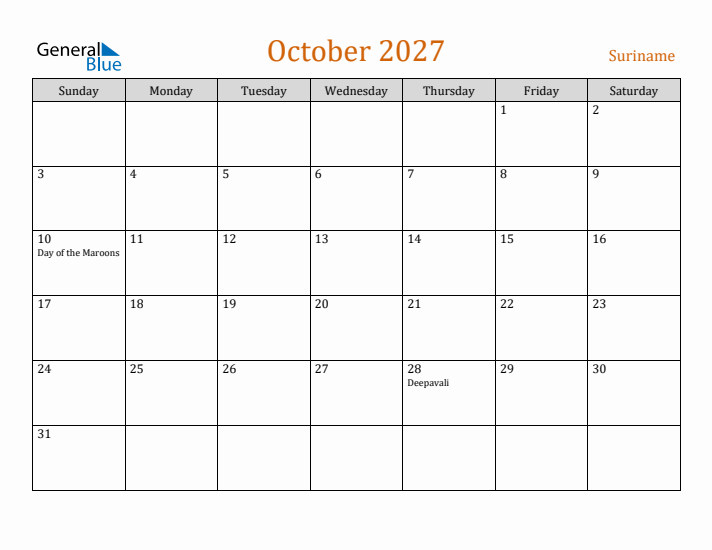 October 2027 Holiday Calendar with Sunday Start