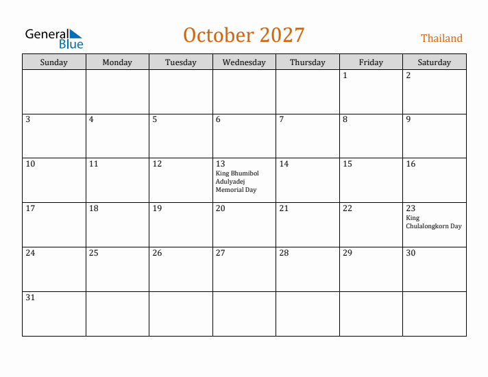 October 2027 Holiday Calendar with Sunday Start