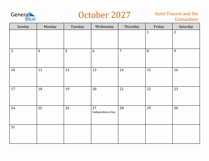 October 2027 Holiday Calendar with Sunday Start