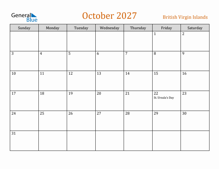 October 2027 Holiday Calendar with Sunday Start