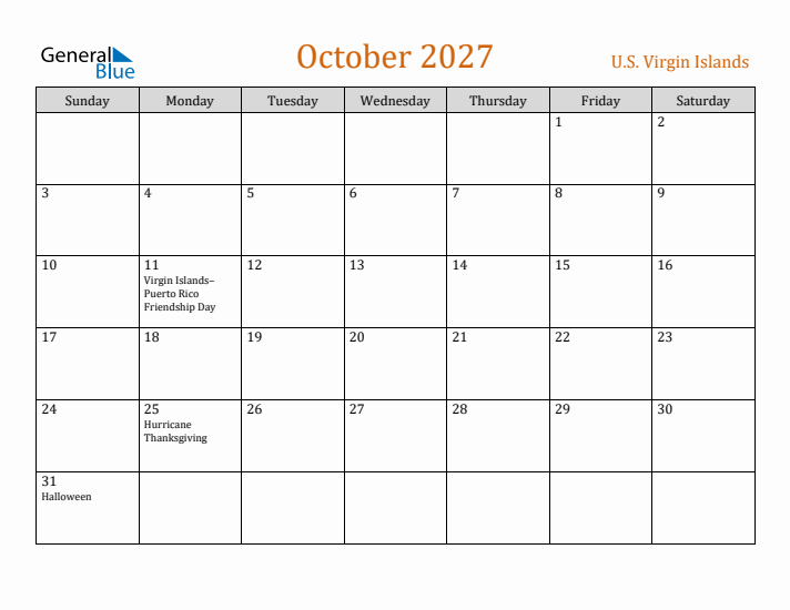 October 2027 Holiday Calendar with Sunday Start