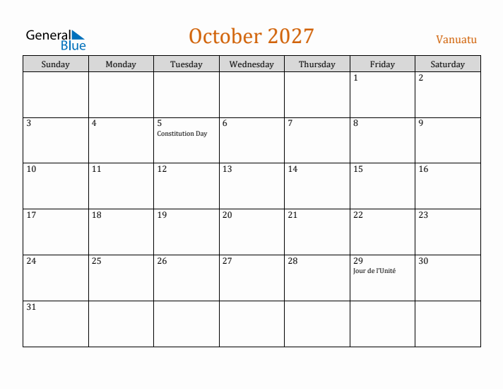 October 2027 Holiday Calendar with Sunday Start