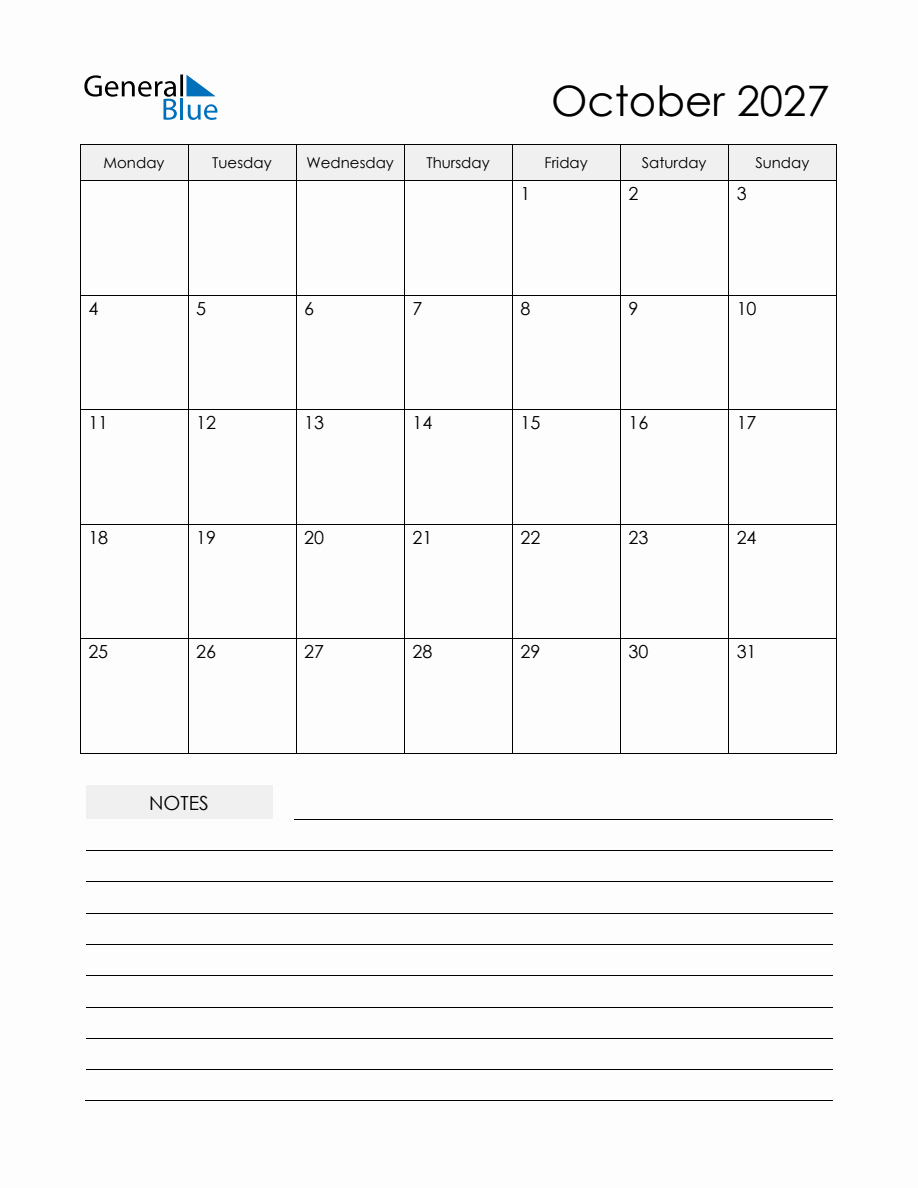 October 2027 Monthly Planner Calendar - Monday Start