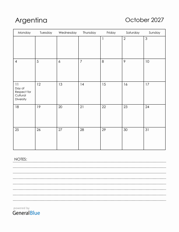 October 2027 Argentina Calendar with Holidays (Monday Start)