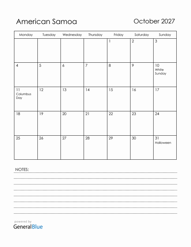 October 2027 American Samoa Calendar with Holidays (Monday Start)