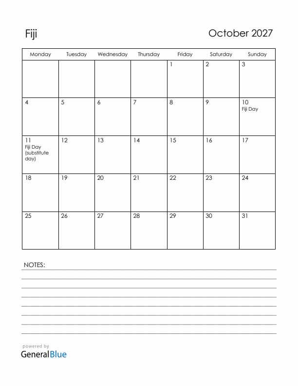October 2027 Fiji Calendar with Holidays (Monday Start)