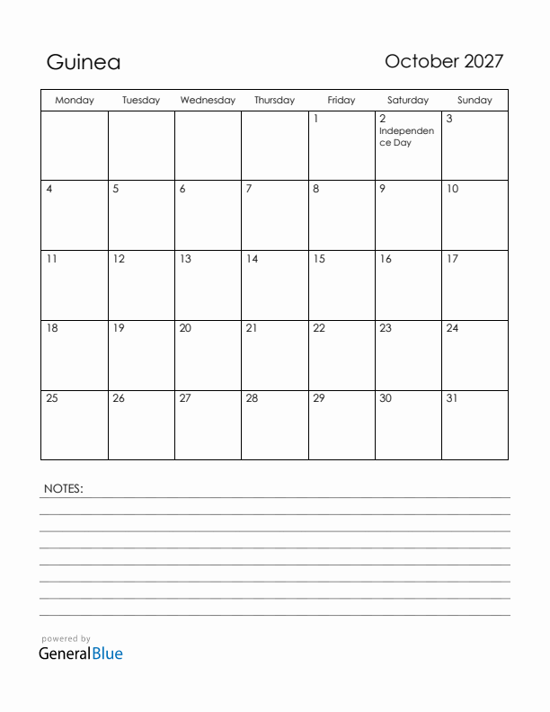 October 2027 Guinea Calendar with Holidays (Monday Start)