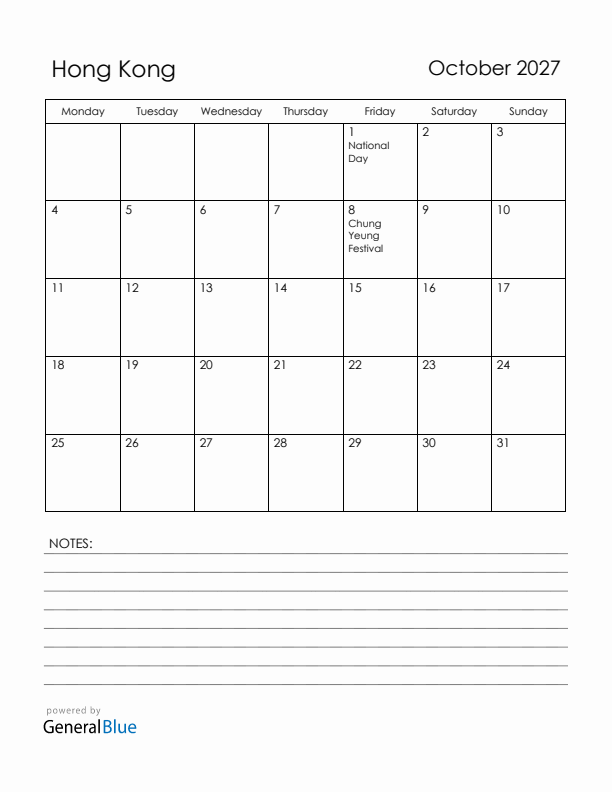 October 2027 Hong Kong Calendar with Holidays (Monday Start)