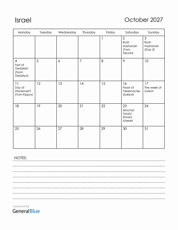 October 2027 Israel Calendar with Holidays (Monday Start)