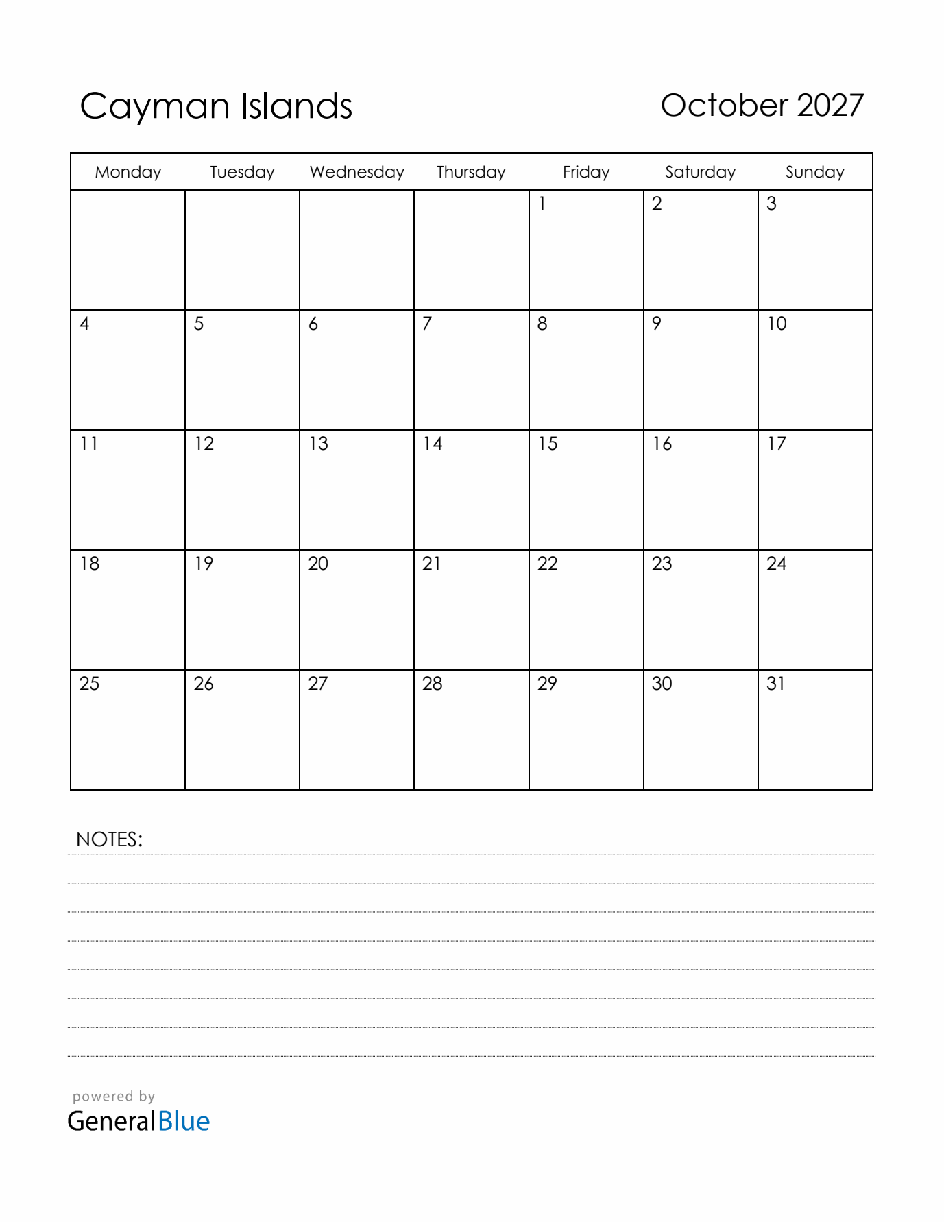 October 2027 Cayman Islands Calendar with Holidays (Monday Start)