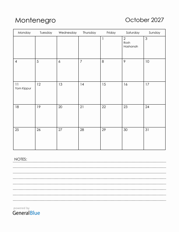 October 2027 Montenegro Calendar with Holidays (Monday Start)