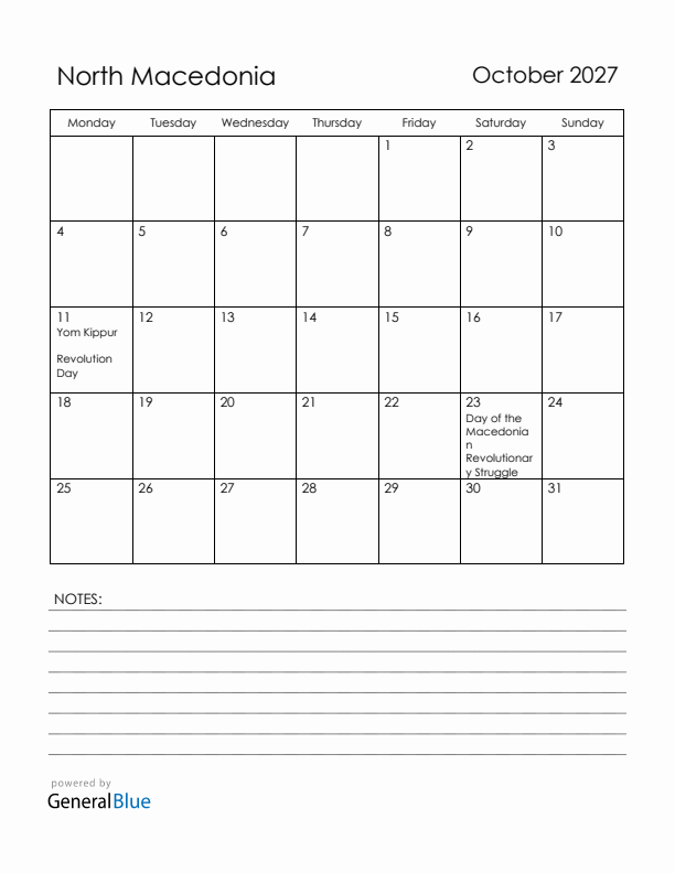 October 2027 North Macedonia Calendar with Holidays (Monday Start)