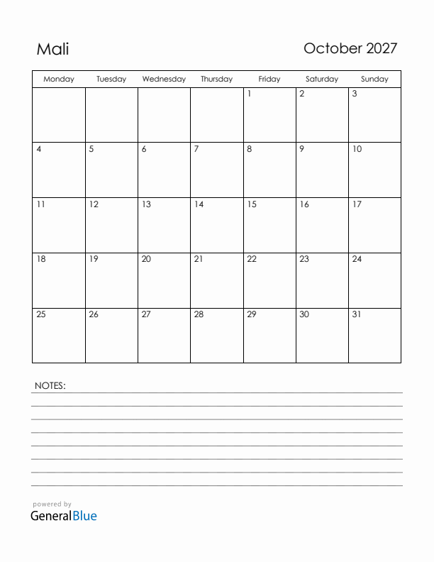 October 2027 Mali Calendar with Holidays (Monday Start)