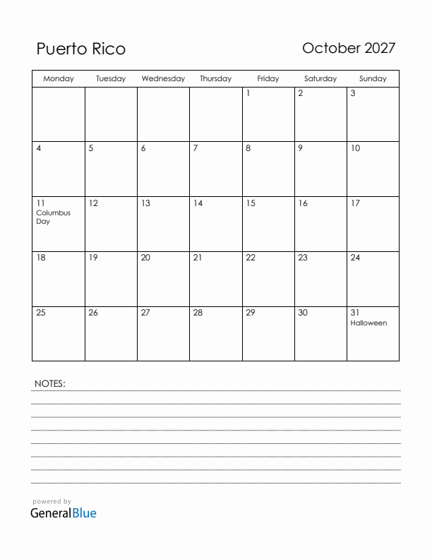 October 2027 Puerto Rico Calendar with Holidays (Monday Start)