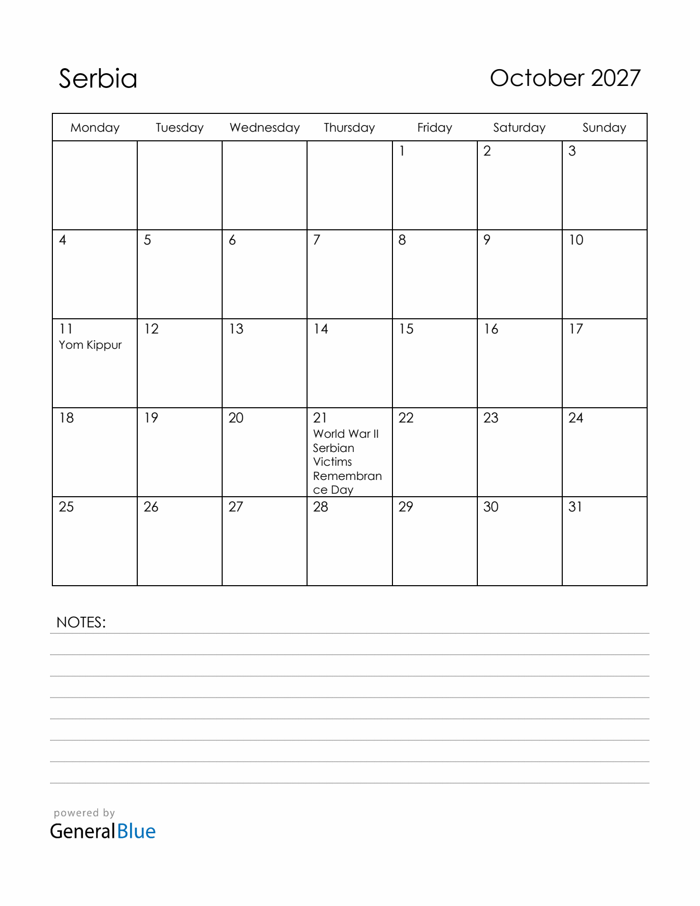 October 2027 Serbia Calendar with Holidays (Monday Start)