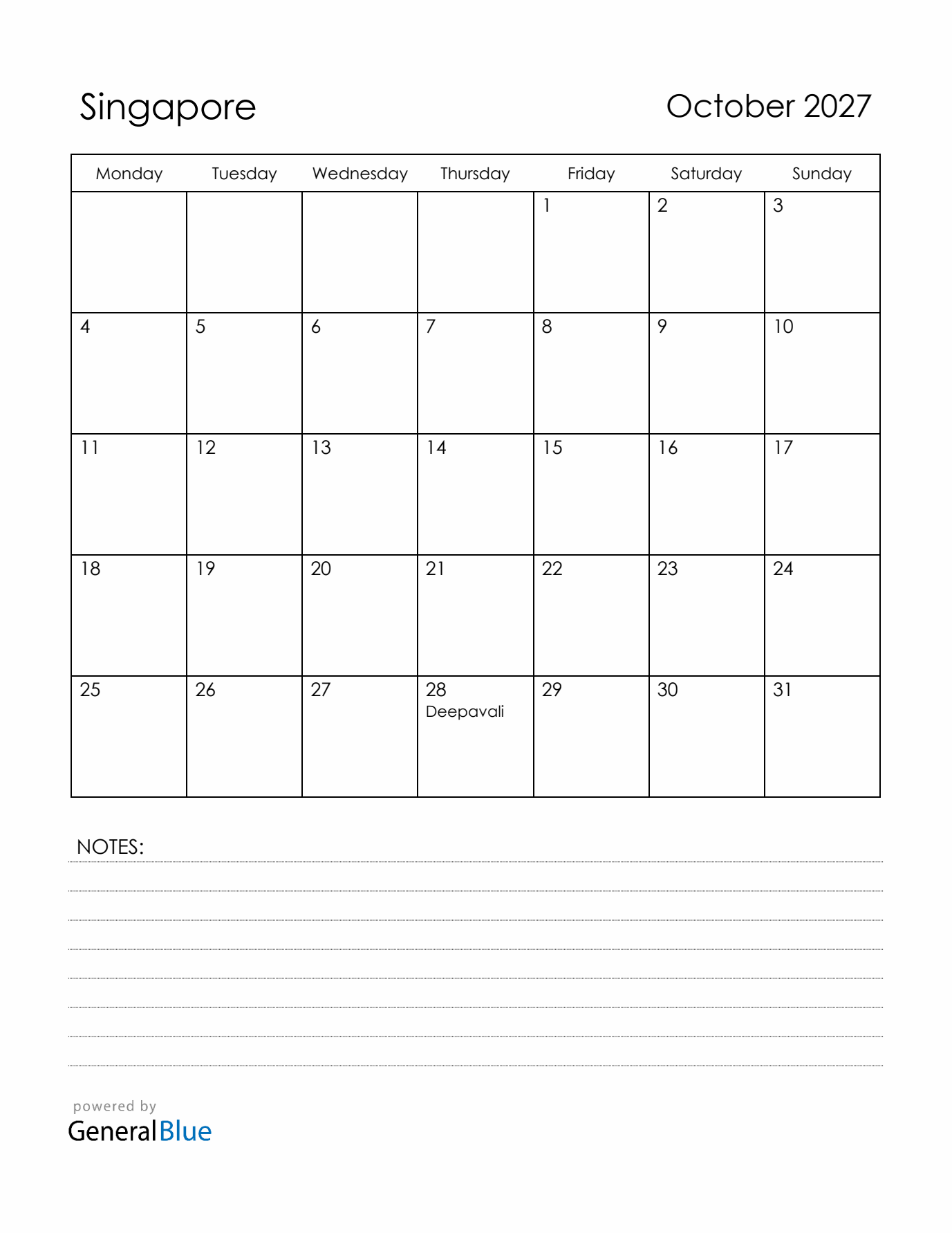 October 2027 Singapore Calendar with Holidays (Monday Start)