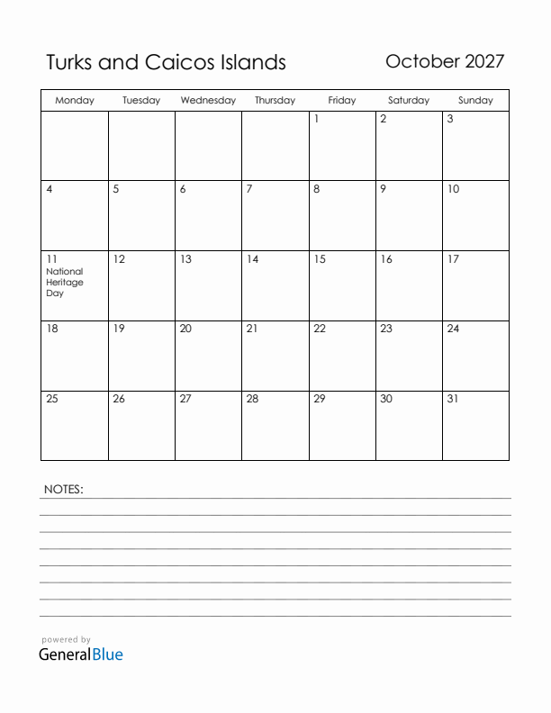 October 2027 Turks and Caicos Islands Calendar with Holidays (Monday Start)