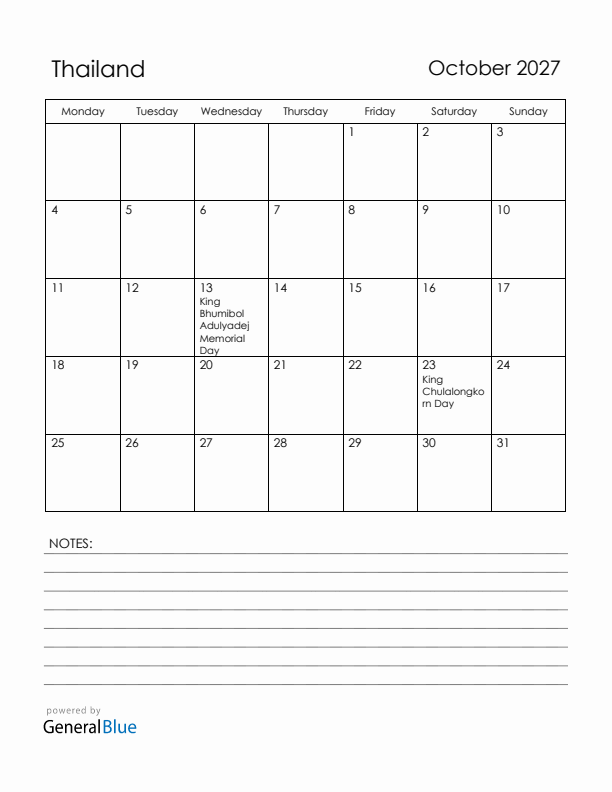 October 2027 Thailand Calendar with Holidays (Monday Start)