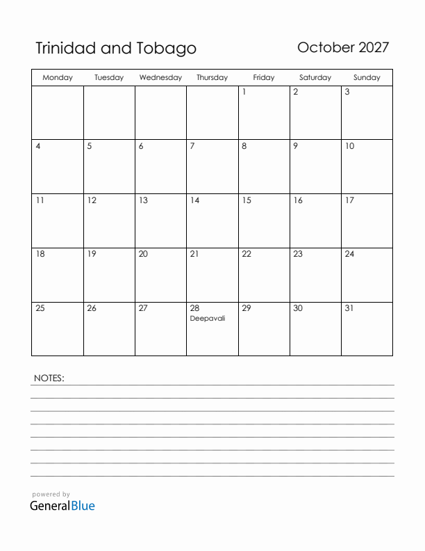 October 2027 Trinidad and Tobago Calendar with Holidays (Monday Start)