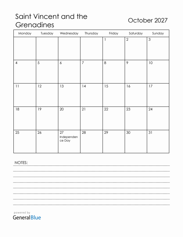 October 2027 Saint Vincent and the Grenadines Calendar with Holidays (Monday Start)
