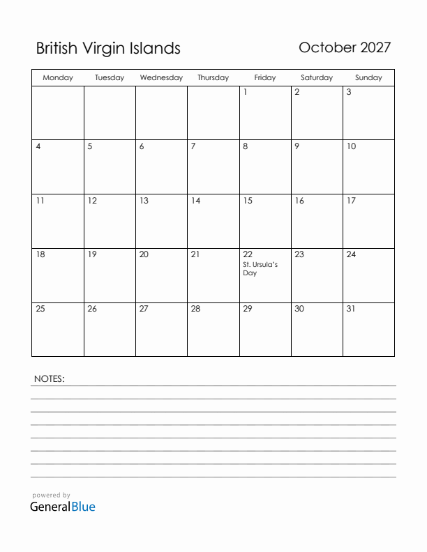 October 2027 British Virgin Islands Calendar with Holidays (Monday Start)