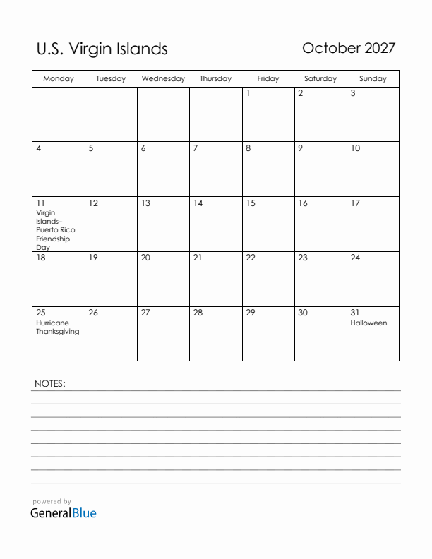 October 2027 U.S. Virgin Islands Calendar with Holidays (Monday Start)