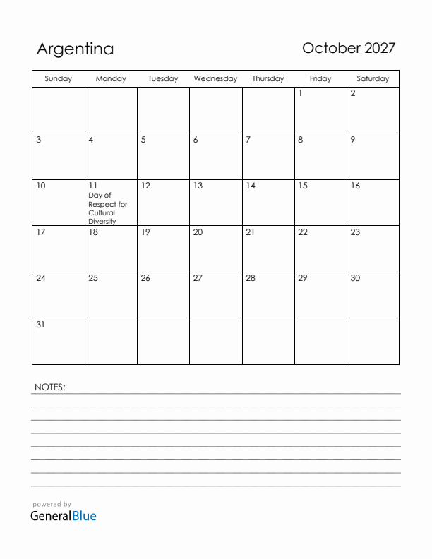 October 2027 Argentina Calendar with Holidays (Sunday Start)