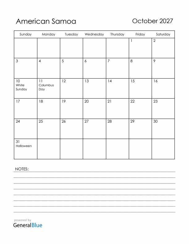 October 2027 American Samoa Calendar with Holidays (Sunday Start)
