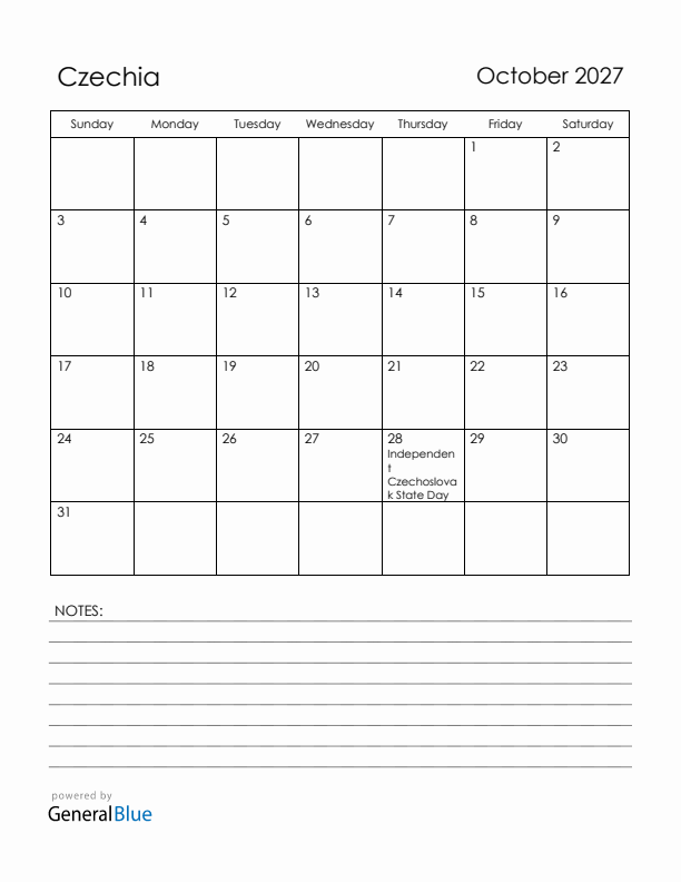 October 2027 Czechia Calendar with Holidays (Sunday Start)