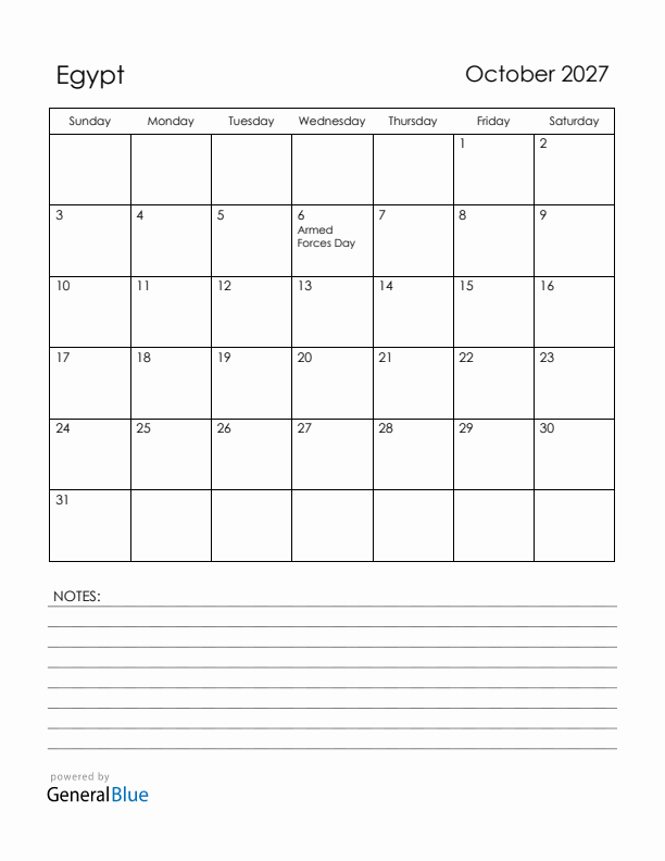 October 2027 Egypt Calendar with Holidays (Sunday Start)