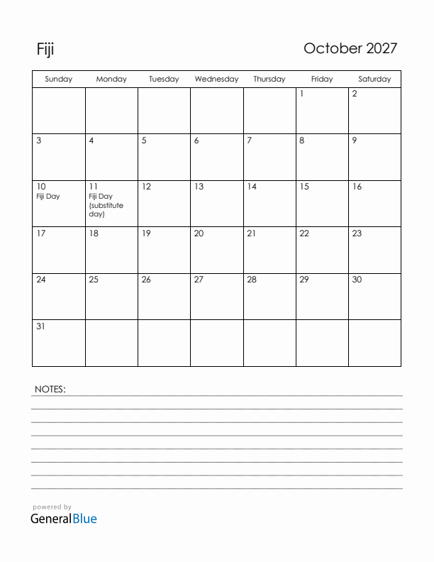 October 2027 Fiji Calendar with Holidays (Sunday Start)