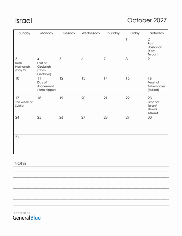 October 2027 Israel Calendar with Holidays (Sunday Start)