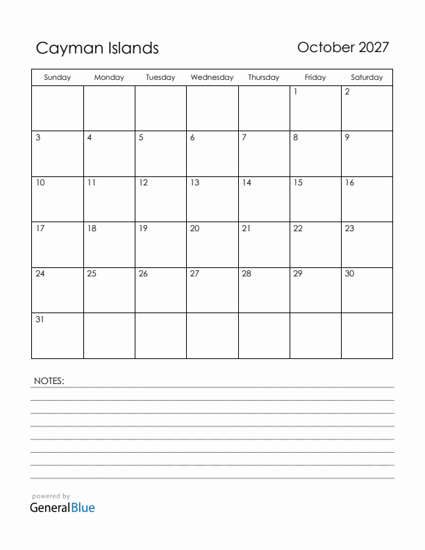October 2027 Cayman Islands Calendar with Holidays (Sunday Start)