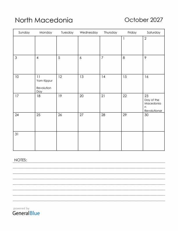 October 2027 North Macedonia Calendar with Holidays (Sunday Start)