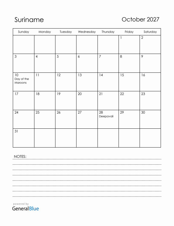 October 2027 Suriname Calendar with Holidays (Sunday Start)
