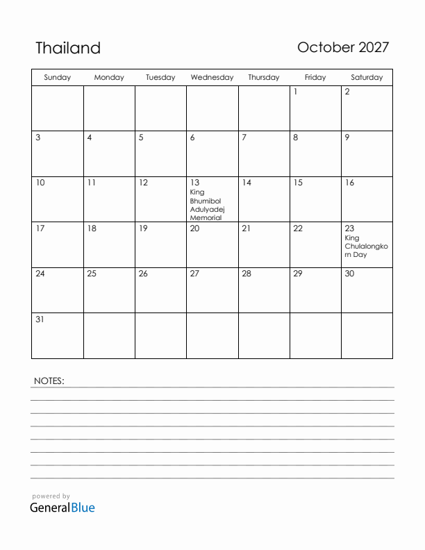 October 2027 Thailand Calendar with Holidays (Sunday Start)