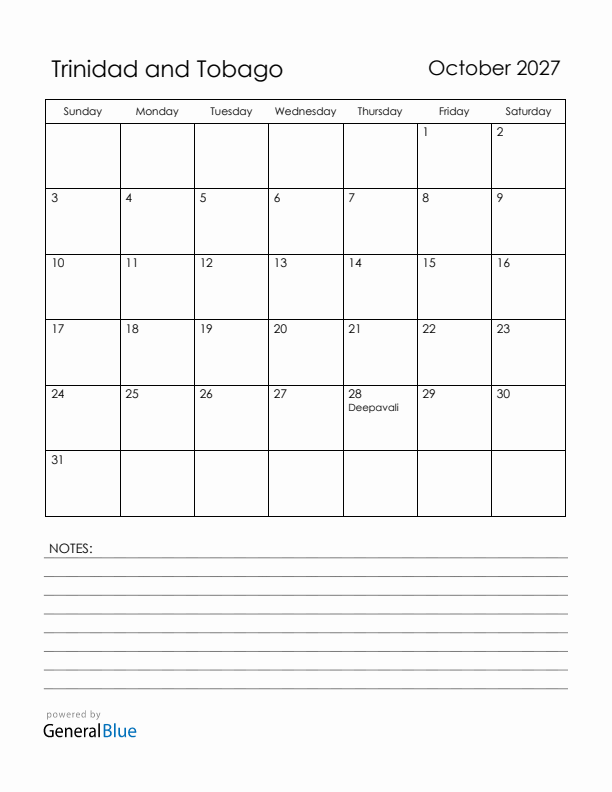 October 2027 Trinidad and Tobago Calendar with Holidays (Sunday Start)