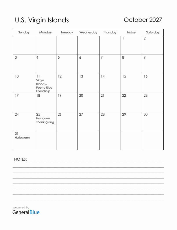 October 2027 U.S. Virgin Islands Calendar with Holidays (Sunday Start)