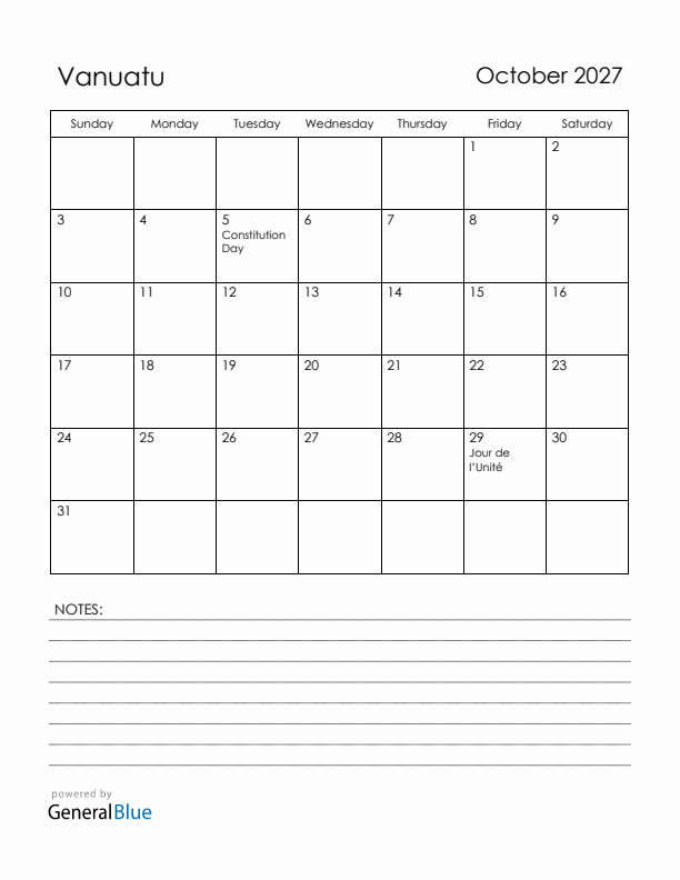 October 2027 Vanuatu Calendar with Holidays (Sunday Start)